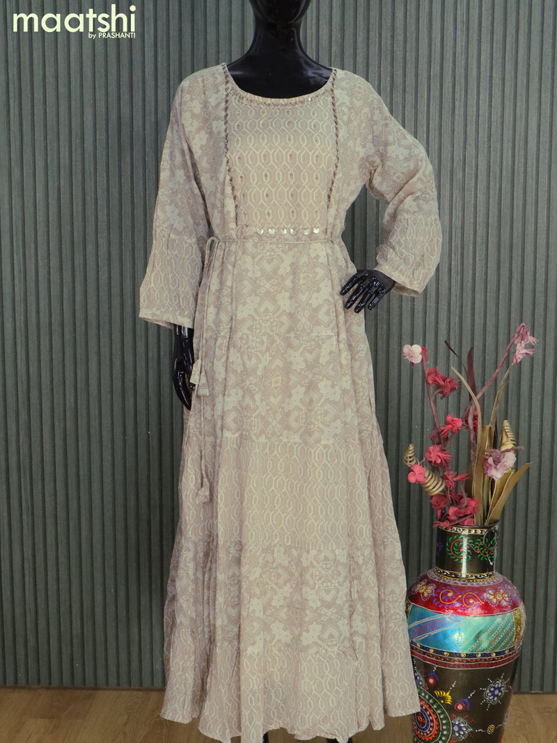 Cotton readymade floor length kurti beige with allover prints & embroidery work neck pattern without pant