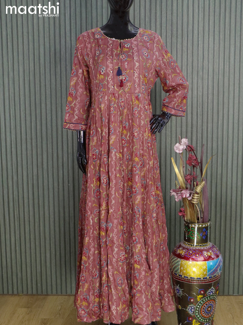 Cotton readymade floor length kurti maroon shade with allover floral prints & embroidery neck pattern without pant
