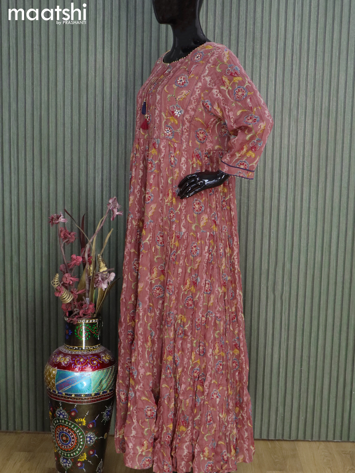 Cotton readymade floor length kurti maroon shade with allover floral prints & embroidery neck pattern without pant