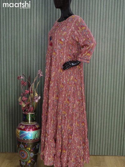 Cotton readymade floor length kurti maroon shade with allover floral prints & embroidery neck pattern without pant