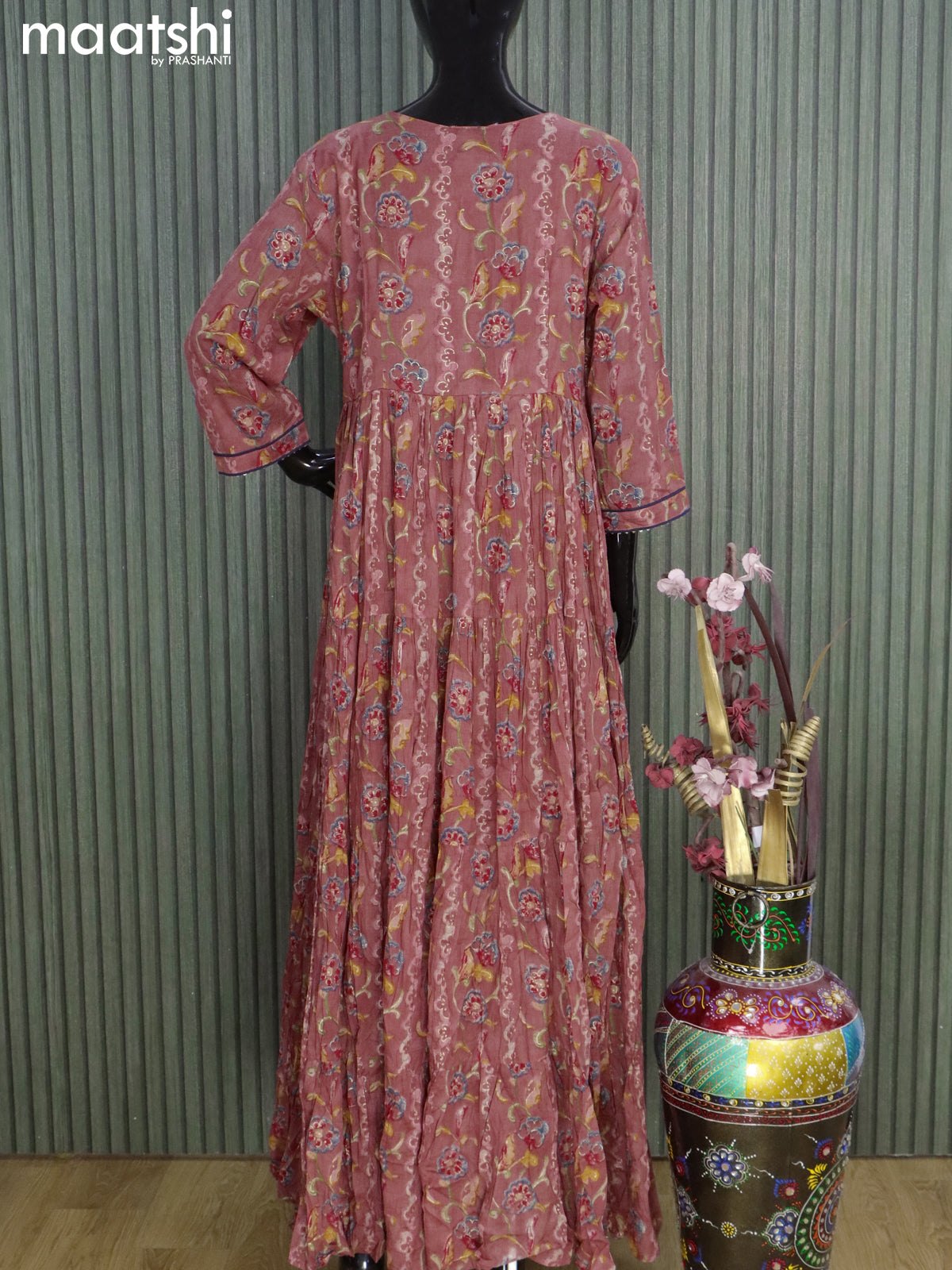 Cotton readymade floor length kurti maroon shade with allover floral prints & embroidery neck pattern without pant