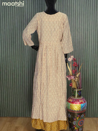 Chanderi readymade floor length kurti cream and mustard yellow with allover butta prints & sequin work embroidery neck pattern without pant