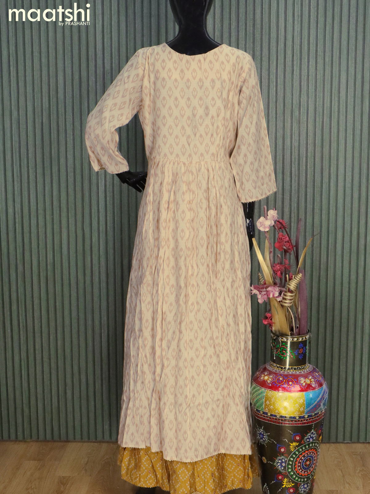 Chanderi readymade floor length kurti cream and mustard yellow with allover butta prints & sequin work embroidery neck pattern without pant
