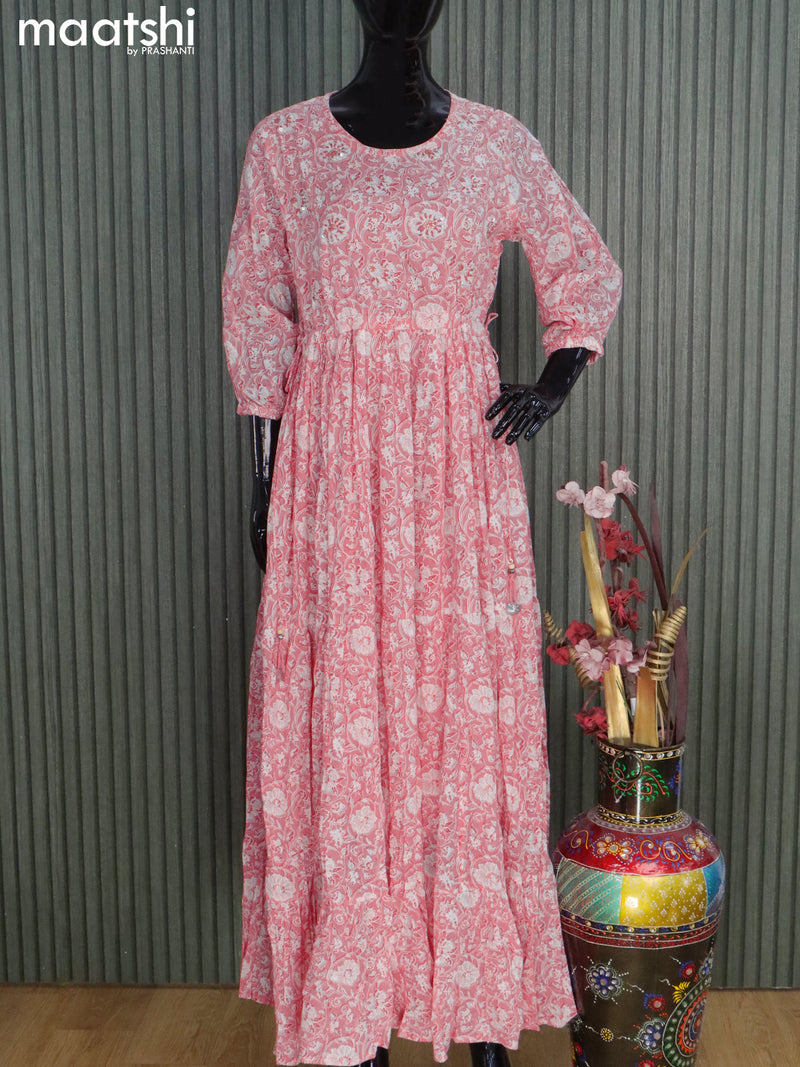 Cotton readymade floor length kurti light pink with allover floral prints & sequin work neck pattern without pant
