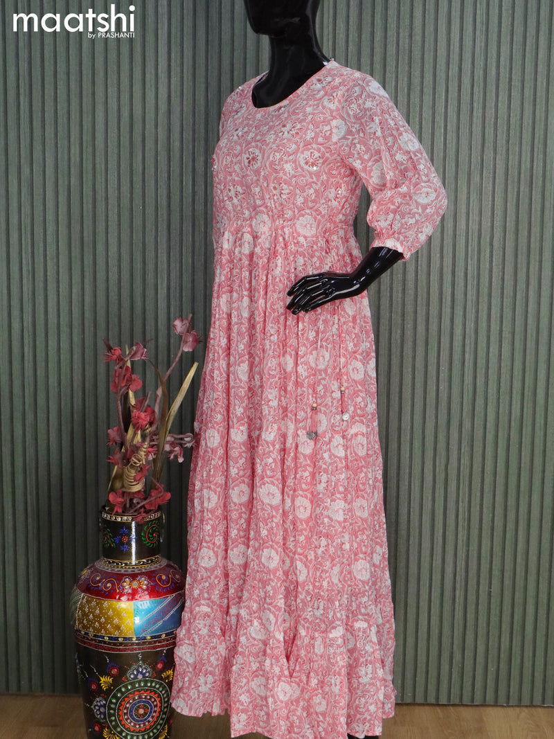 Cotton readymade floor length kurti light pink with allover floral prints & sequin work neck pattern without pant