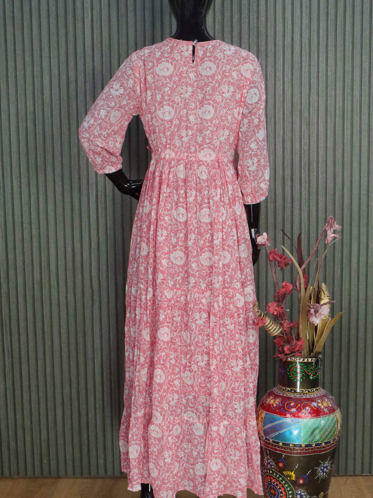 Cotton readymade floor length kurti light pink with allover floral prints & sequin work neck pattern without pant