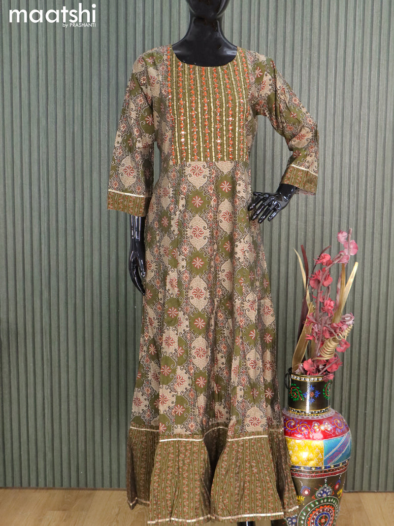 Muslin readymade floor length kurti sap green with allover prints & embroidery mirror work neck pattern without pant