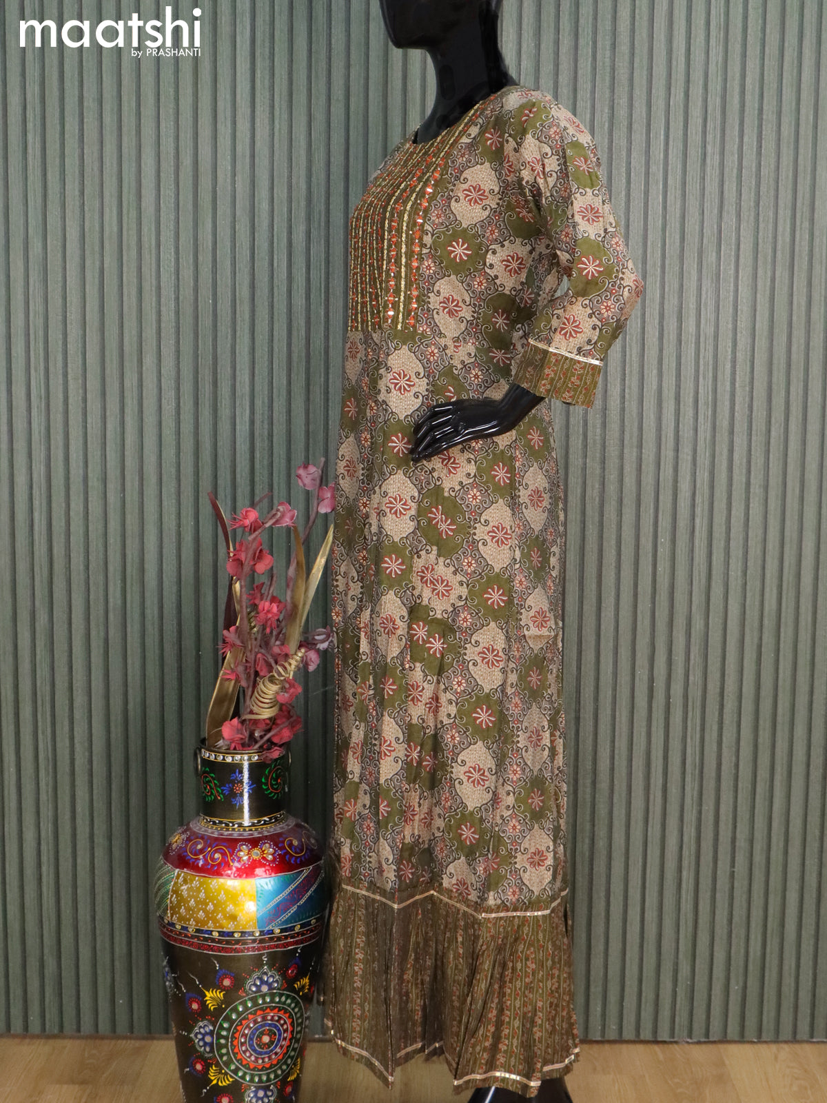 Muslin readymade floor length kurti sap green with allover prints & embroidery mirror work neck pattern without pant