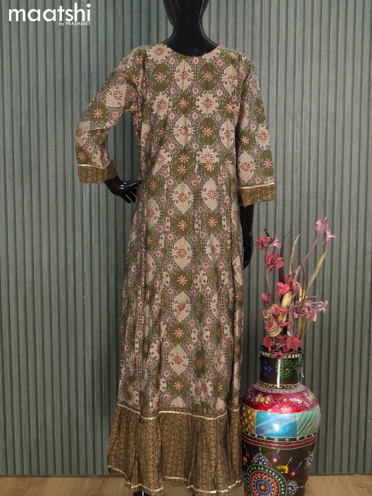 Muslin readymade floor length kurti sap green with allover prints & embroidery mirror work neck pattern without pant