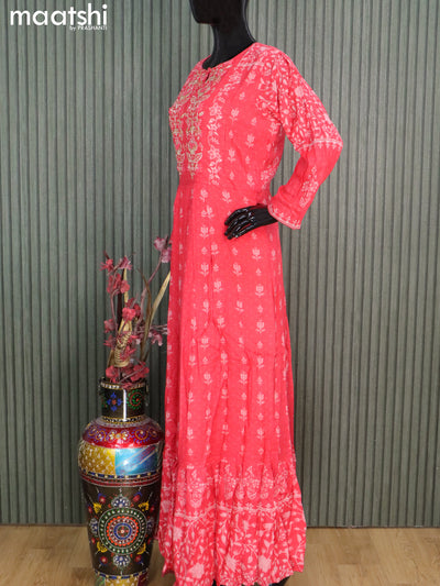 Muslin readymade floor length kurti pink with allover prints & zardosi work neck pattern without pant