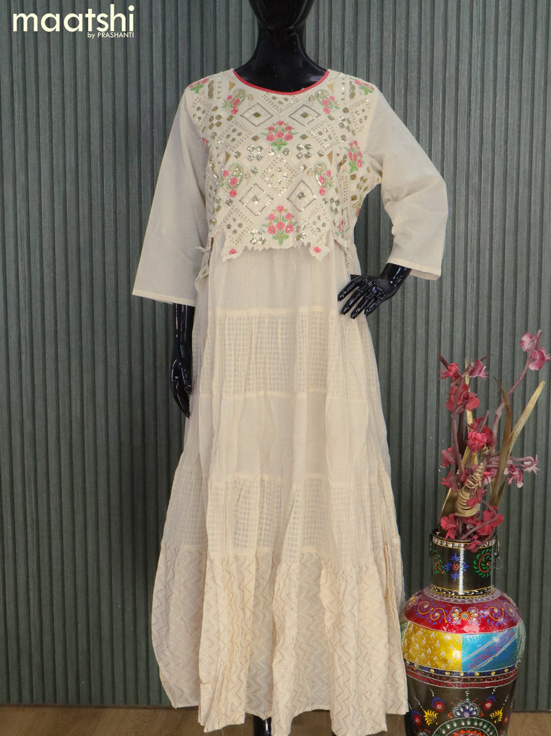 Cotton readymade floor length kurti off white with embroidery sequin work neck pattern without pant