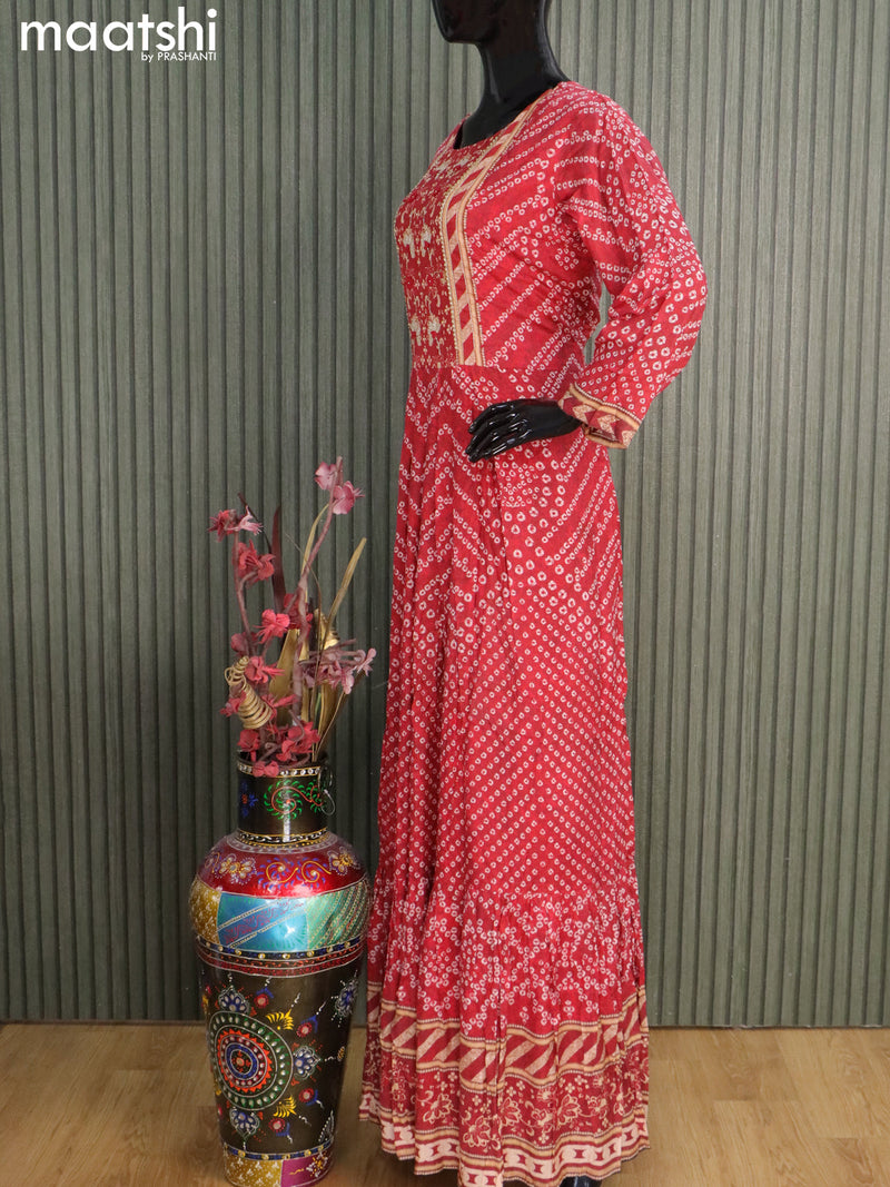 Muslin readymade floor length kurti maroon with allover bandhani prints & embroidery work neck pattern without pant