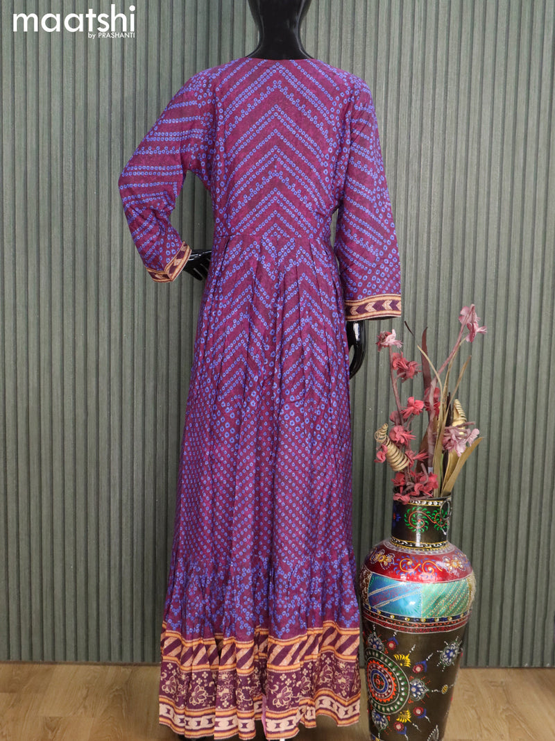 Muslin readymade floor length kurti deep purple with allover bandhani prints & embroidery work neck pattern without pant
