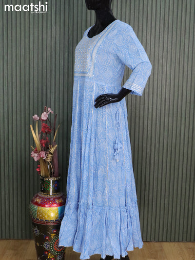 Cotton readymade floor length kurti light blue with allover prints & embroidery work neck pattern without pant