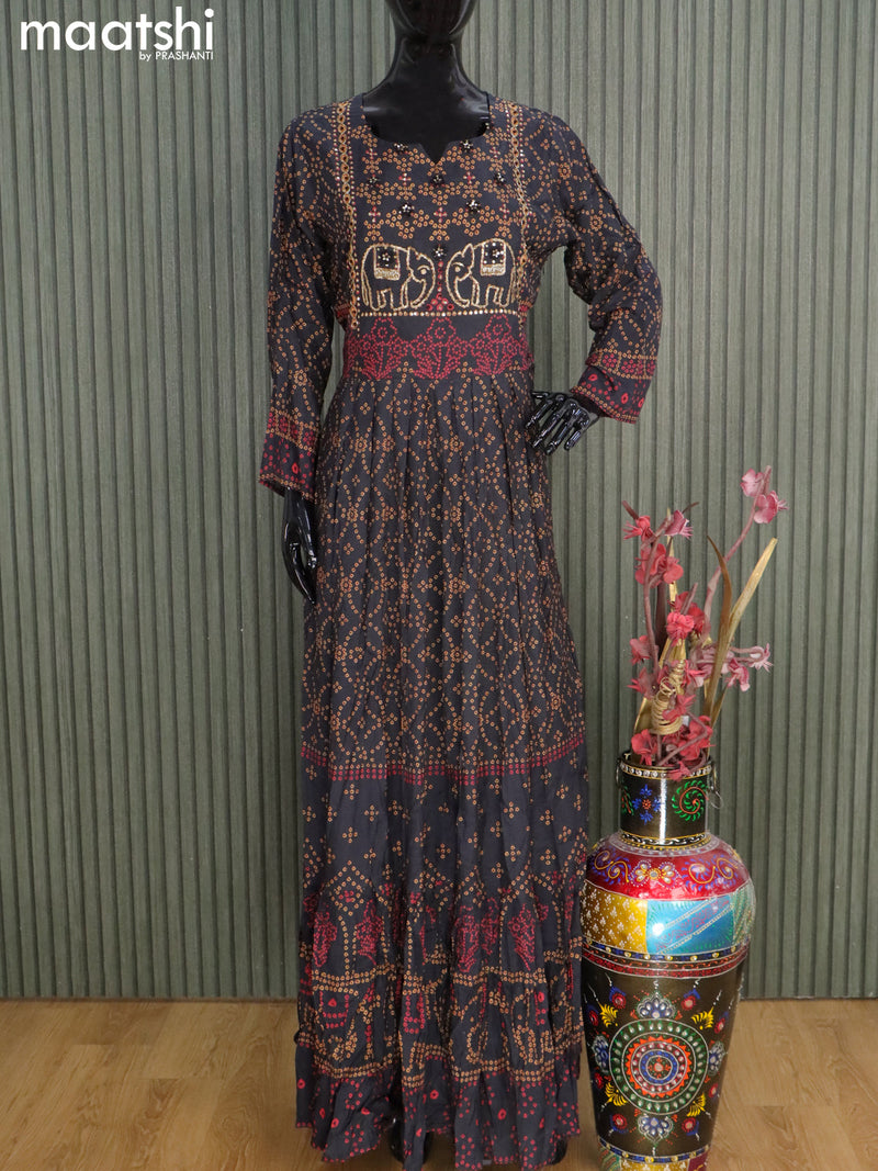 Muslin readymade floor length kurti black with allover bandhani prints & elephant design neck pattern without pant