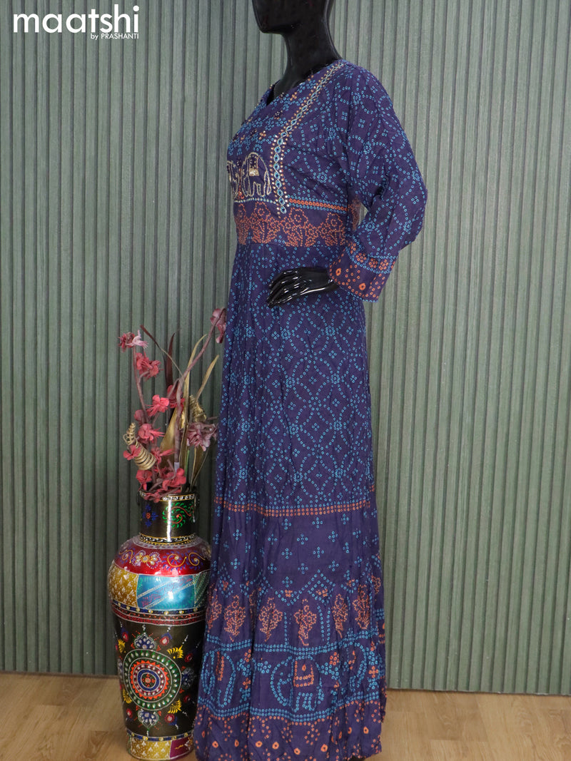 Muslin readymade floor length kurti dark blue with allover bandhani prints & elephant design neck pattern without pant