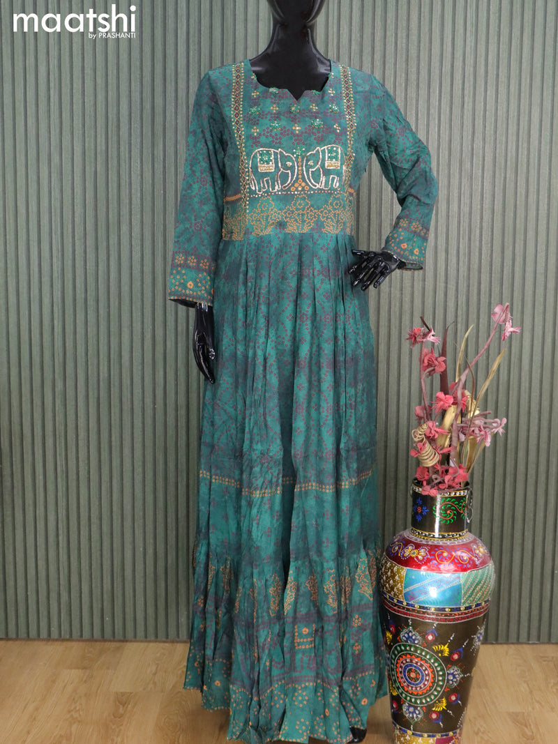 Muslin readymade floor length kurti peacock green with allover bandhani prints & elephant design neck pattern without pant