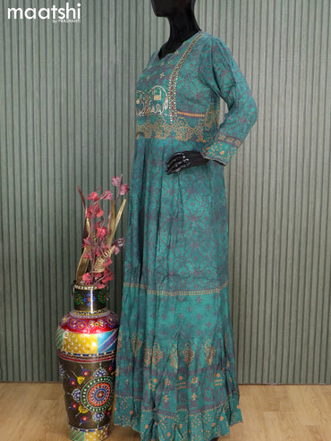 Muslin readymade floor length kurti peacock green with allover bandhani prints & elephant design neck pattern without pant