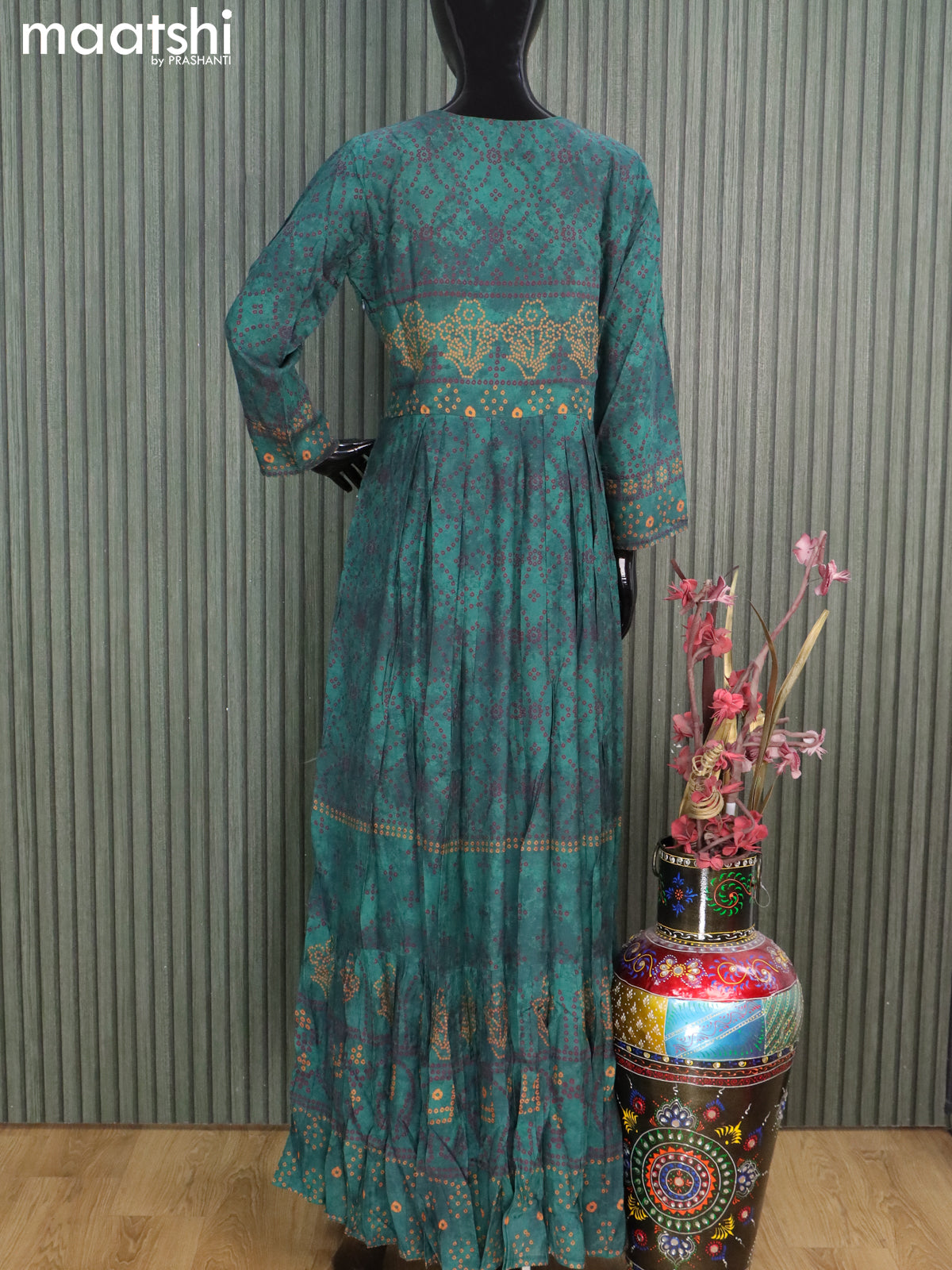 Muslin readymade floor length kurti peacock green with allover bandhani prints & elephant design neck pattern without pant