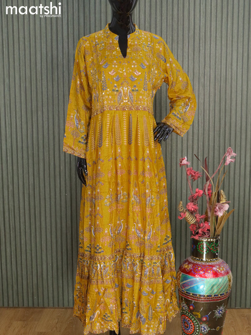 Muslin readymade floor length kurti yellow with allover prints & sequin work neck pattern without pant