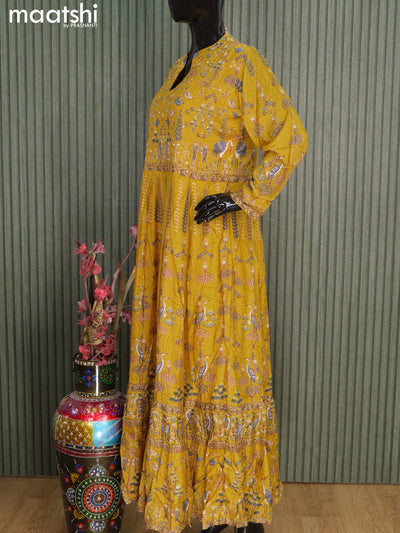 Muslin readymade floor length kurti yellow with allover prints & sequin work neck pattern without pant