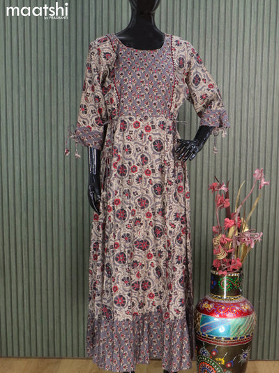 Muslin readymade floor length kurti grey with allover floral prints & mirror work neck pattern without pant