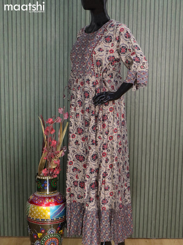 Muslin readymade floor length kurti grey with allover floral prints & mirror work neck pattern without pant