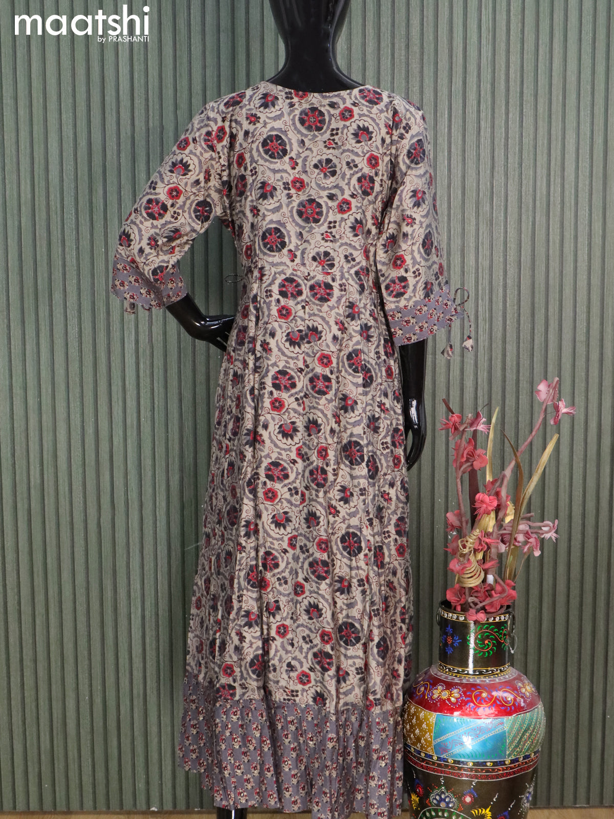 Muslin readymade floor length kurti grey with allover floral prints & mirror work neck pattern without pant