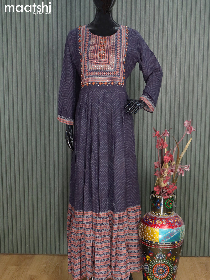 Muslin readymade floor length kurti deep jamun shade with allover prints & sequin work neck pattern without pant
