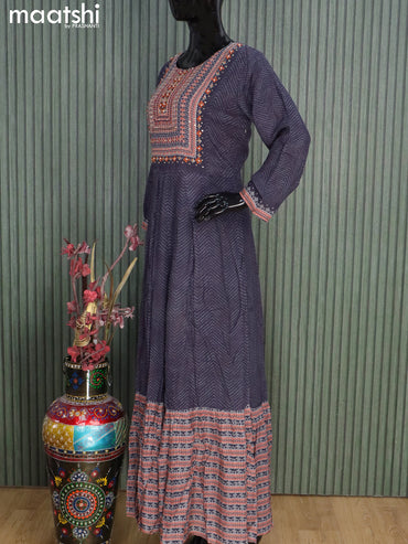 Muslin readymade floor length kurti deep jamun shade with allover prints & sequin work neck pattern without pant
