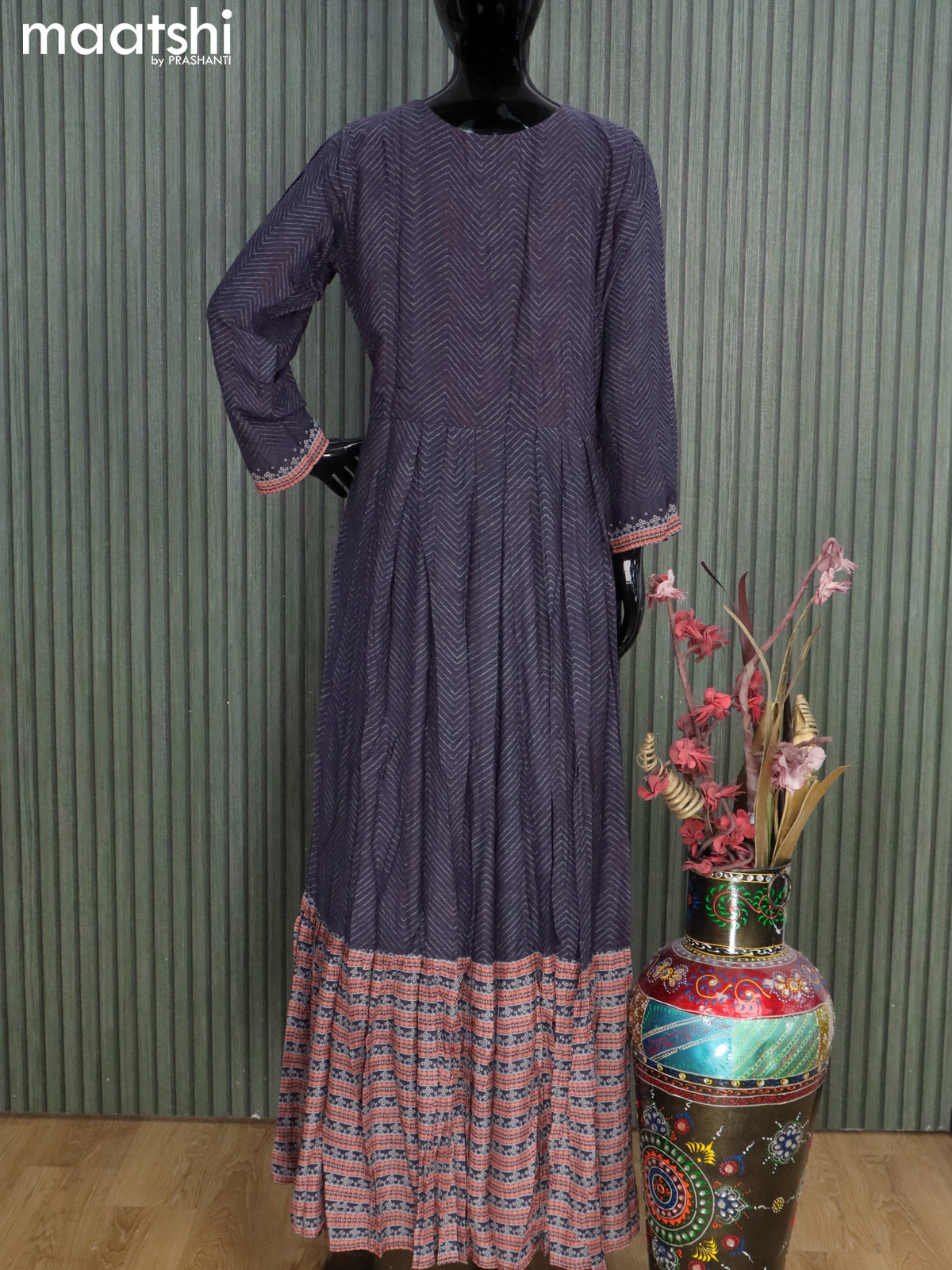 Muslin readymade floor length kurti deep jamun shade with allover prints & sequin work neck pattern without pant