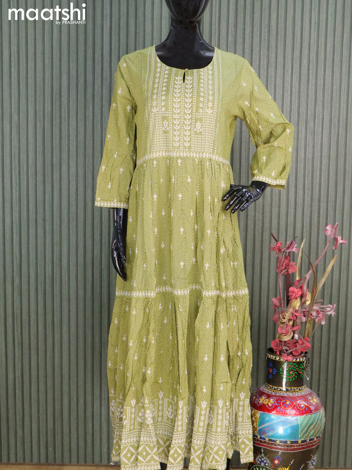 Cotton readymade floor length kurti light green with allover prints without pant