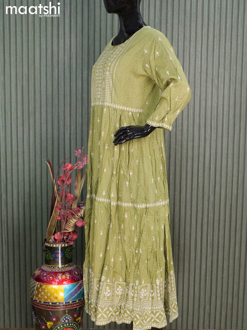 Cotton readymade floor length kurti light green with allover prints without pant