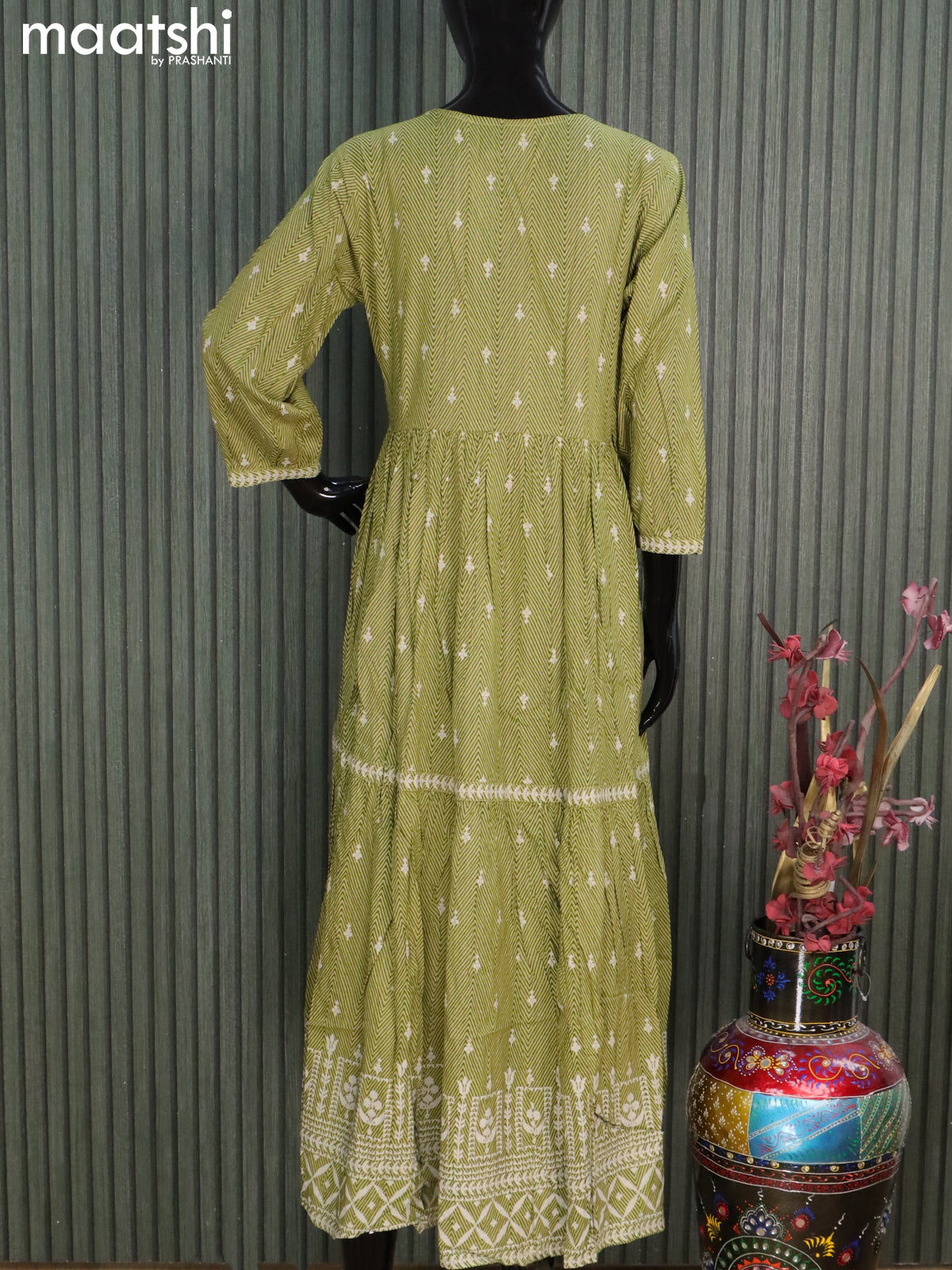 Cotton readymade floor length kurti light green with allover prints without pant