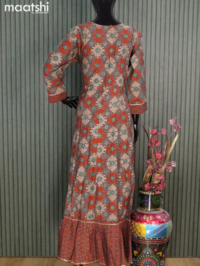 Muslin readymade floor length kurti rustic orange and beige with allover prints & embroidery mirror work neck pattern without pant