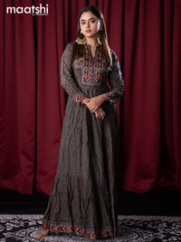 Muslin readymade floor length kurti dark military green and wiith allover prints & embroidery sequin work neck pattern without pant