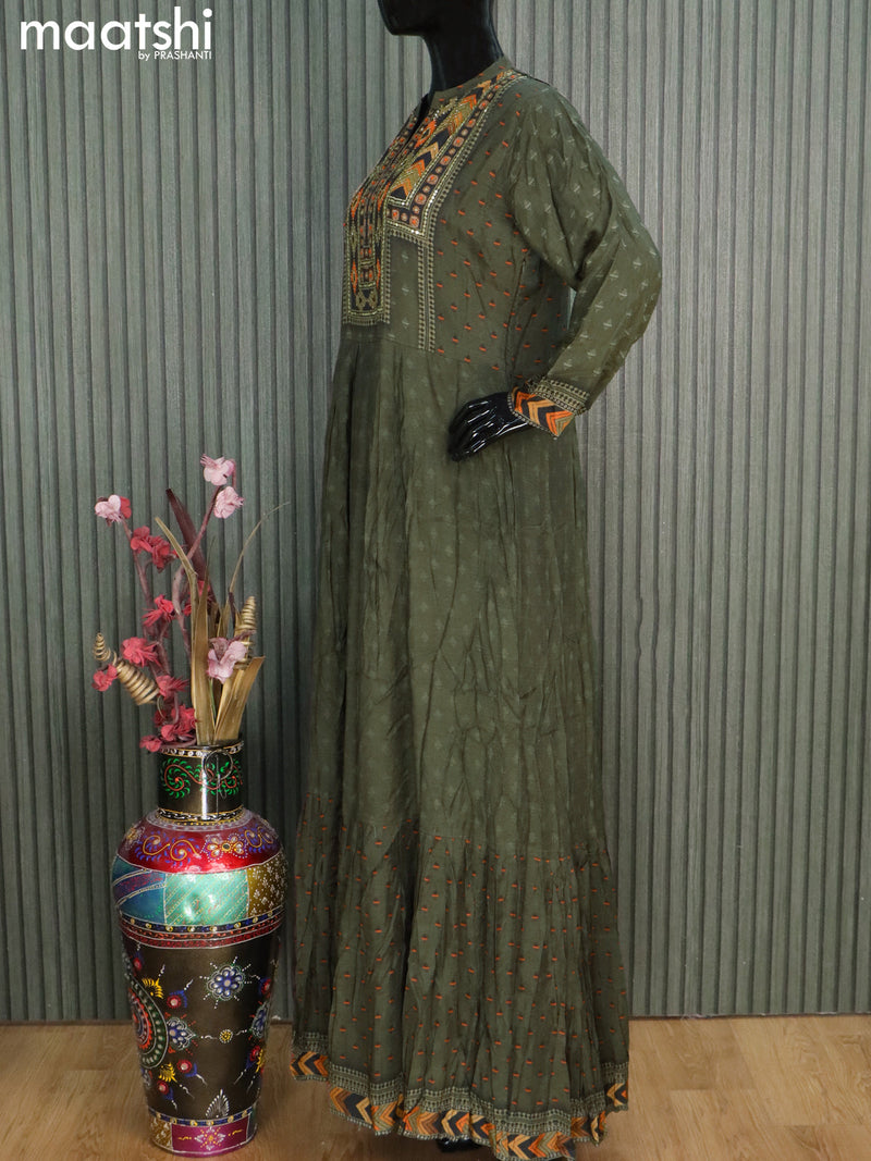 Muslin readymade floor length kurti dark military green and wiith allover prints & embroidery sequin work neck pattern without pant