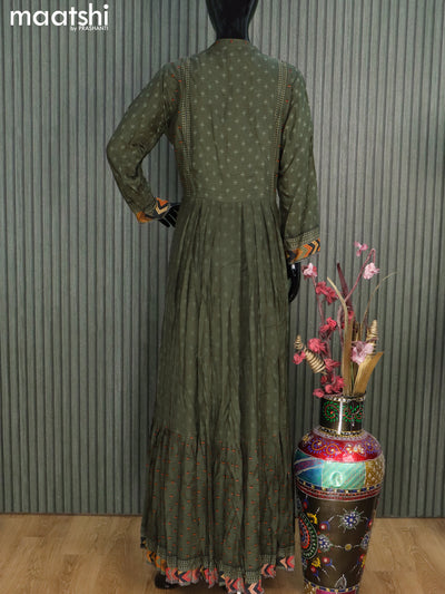 Muslin readymade floor length kurti dark military green and wiith allover prints & embroidery sequin work neck pattern without pant