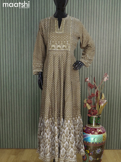 Muslin readymade floor length kurti military green and wiith allover prints & embroidery sequin work neck pattern without pant