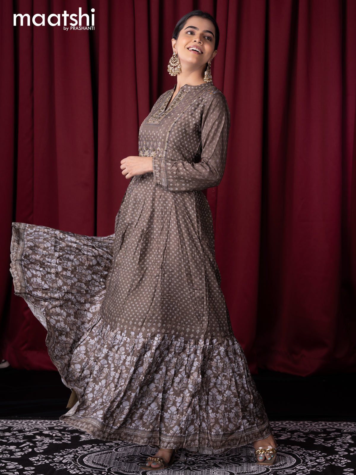 Muslin readymade floor length kurti olive green and with allover prints & embroidery sequin work neck pattern without pant