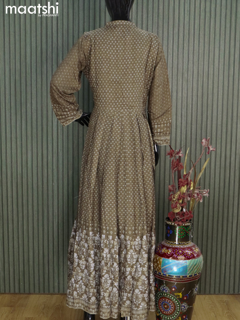 Muslin readymade floor length kurti military green and wiith allover prints & embroidery sequin work neck pattern without pant