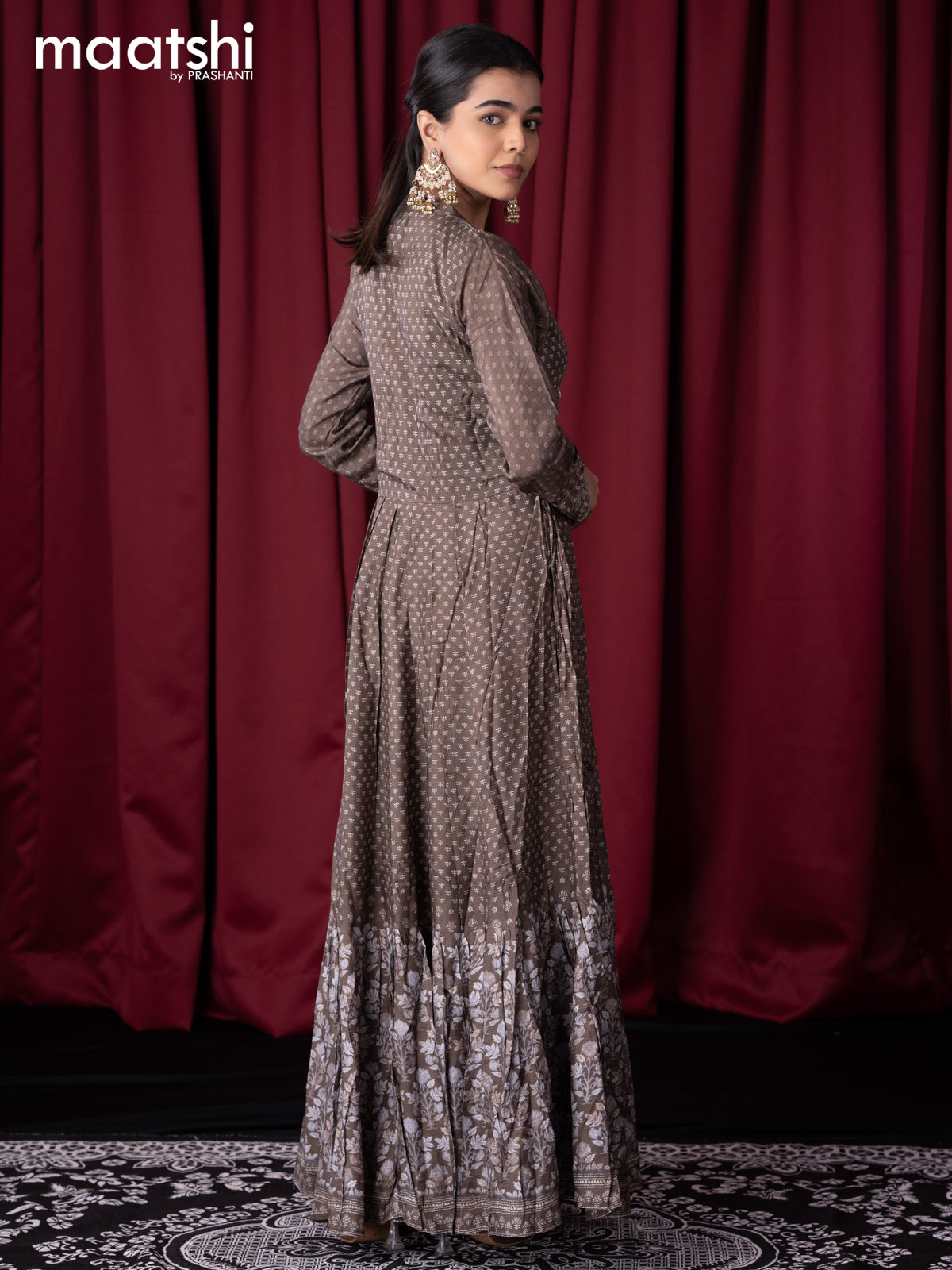 Muslin readymade floor length kurti olive green and with allover prints & embroidery sequin work neck pattern without pant