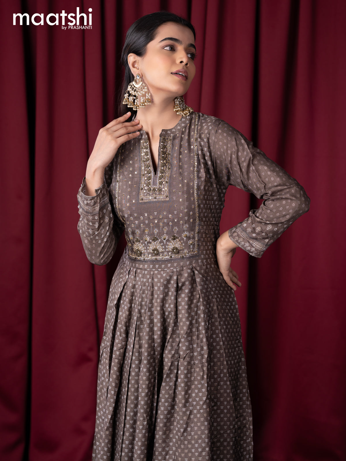 Muslin readymade floor length kurti olive green and with allover prints & embroidery sequin work neck pattern without pant