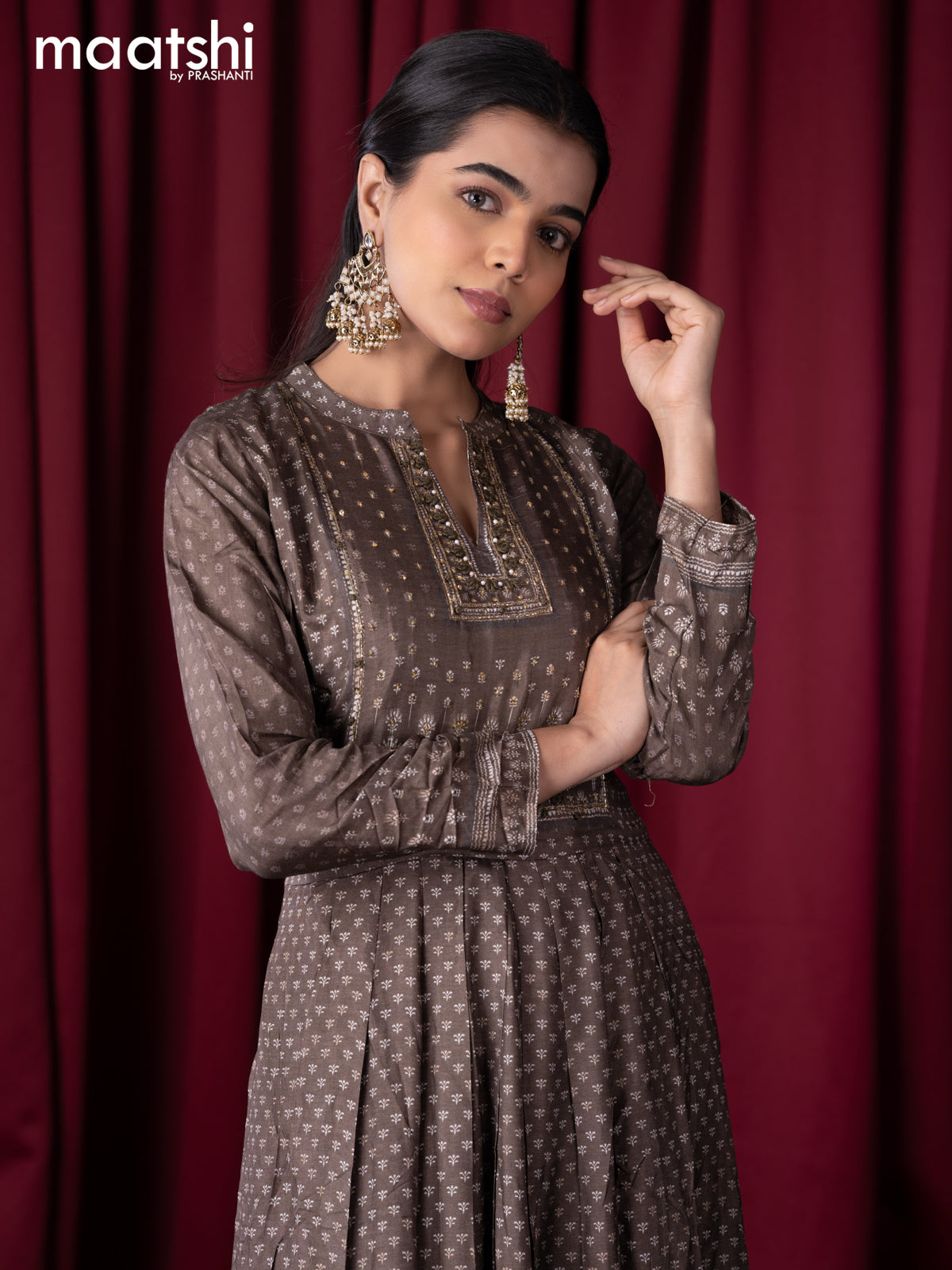 Muslin readymade floor length kurti olive green and with allover prints & embroidery sequin work neck pattern without pant