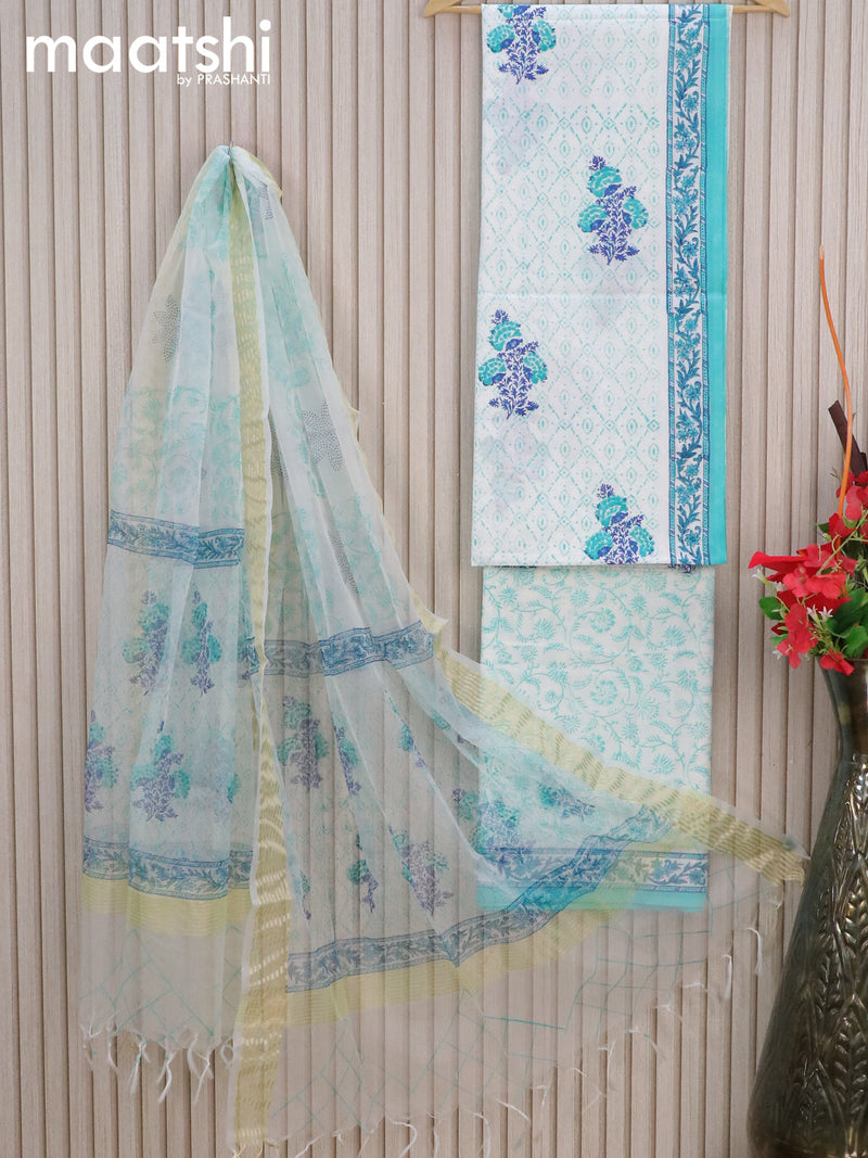 Mul mul cotton dress material off white and teal green with allover prints and bottom & organza dupatta