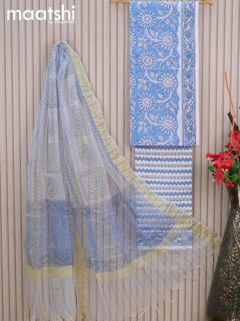 Mul mul cotton dress material blue and off white with allover floral prints and bottom & organza dupatta