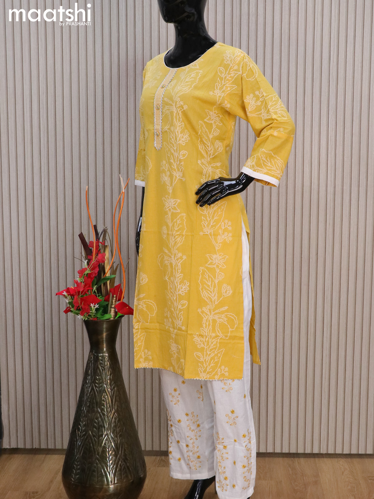 Cotton readymade salwar suits yellow and off white with allover prints & lace work neck pattern and straight cut pant & cotton dupatta