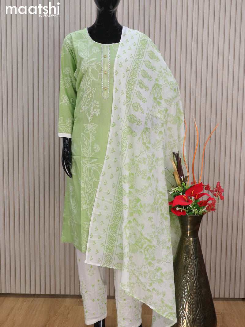 Cotton readymade salwar suits light green shade and off white with allover prints & lace work neck pattern and straight cut pant & cotton dupatta