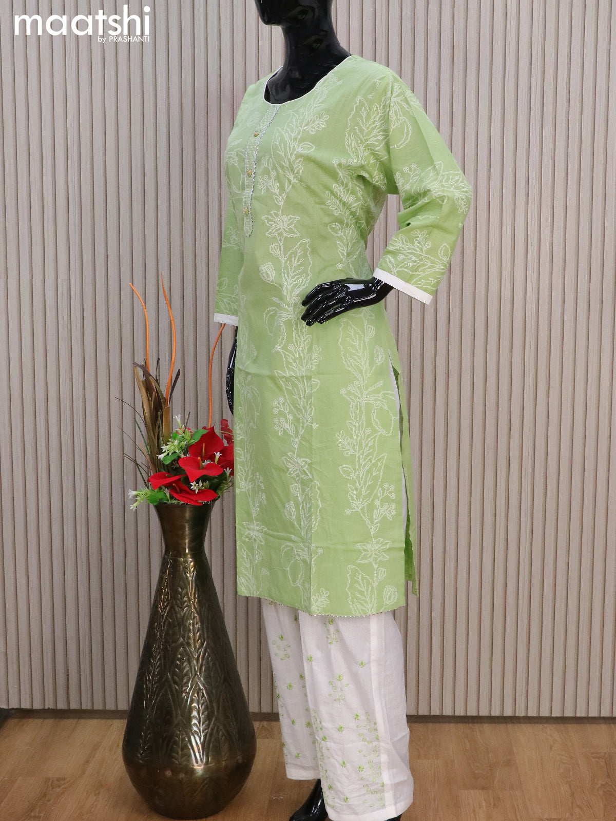 Cotton readymade salwar suits light green shade and off white with allover prints & lace work neck pattern and straight cut pant & cotton dupatta