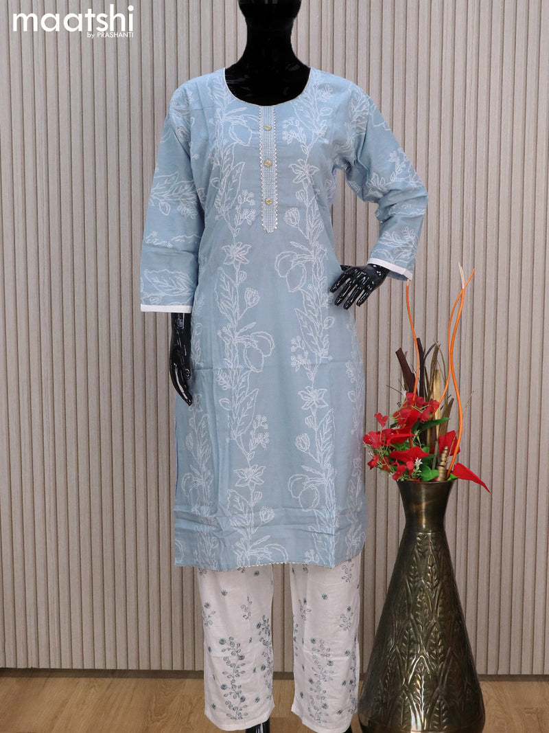 Cotton readymade salwar suits geyish blue and off white with allover prints & lace work neck pattern and straight cut pant & cotton dupatta